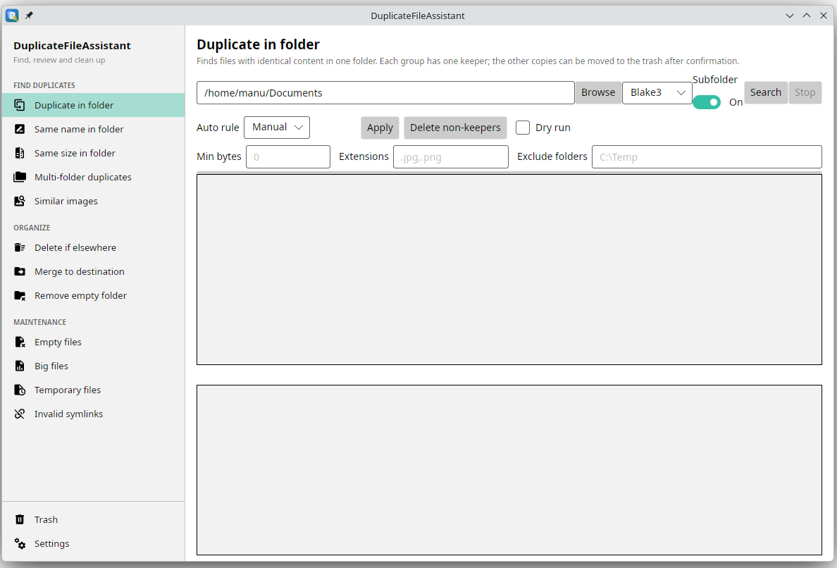 The Duplicate in folder tab: a search path, a hash algorithm, a subfolder switch, and a list of duplicate groups.