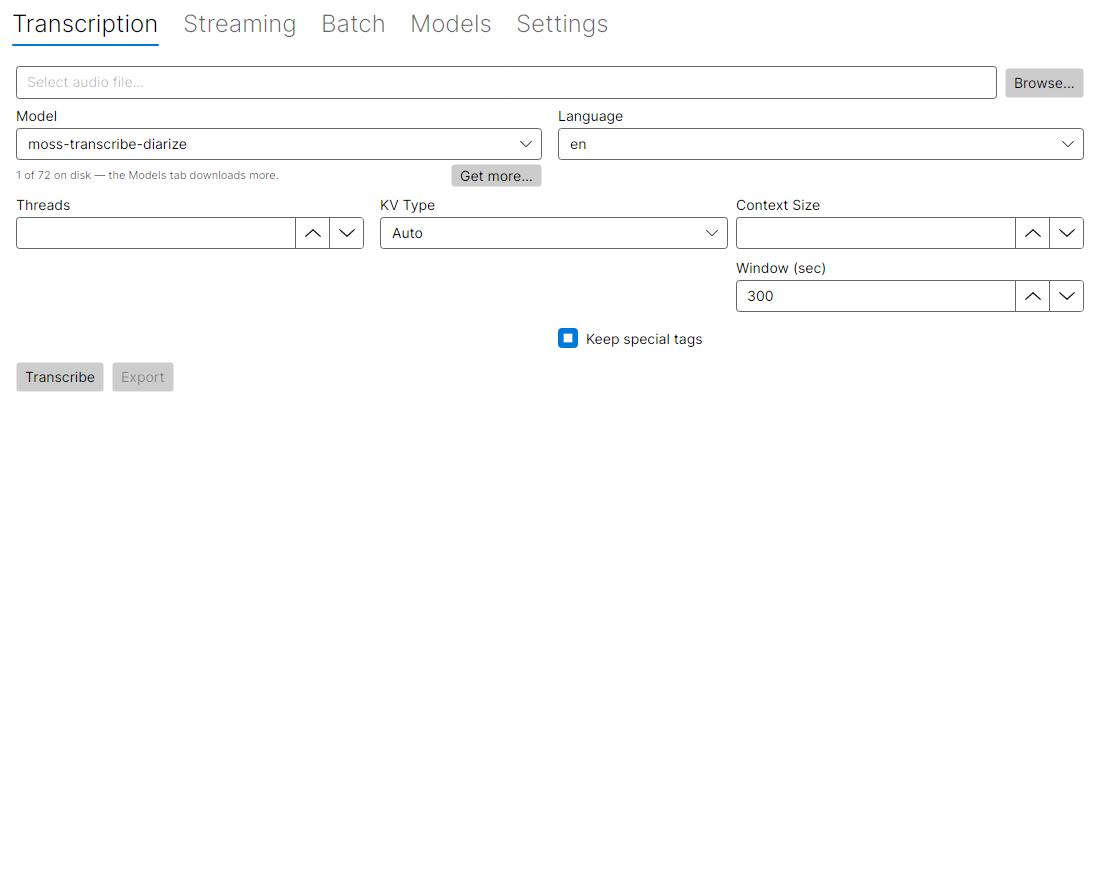 The Transcription tab: an audio path, a model, the language and the decoder settings, with Transcribe and Export below.